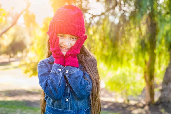 Cute Mixed Race Young Girl Wearing Red Knit Cap Mittens — Stock Photo, Image