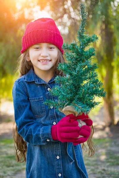 Cute Mixed Race Young Girl Wearing Red Knit Cap Mittens — Stock Photo, Image