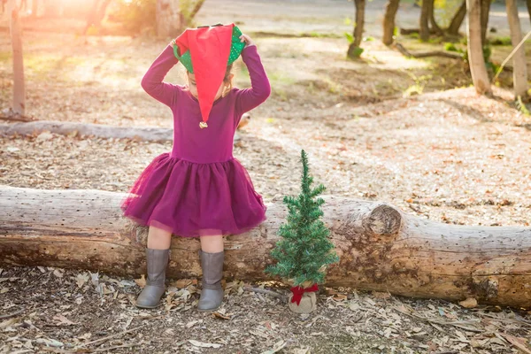 Młodych Cute Mieszane Rasy Dziewczynki Zabawy Boże Narodzenie Kapelusz Drzewa — Zdjęcie stockowe