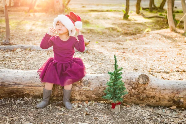 可爱的混赛年轻的女婴与圣诞老人帽子和圣诞树户外日志的乐趣 — 图库照片