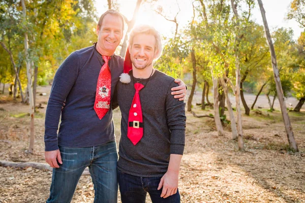 Handsome Festive Father Son Portrait Outdoors — Stock Photo, Image