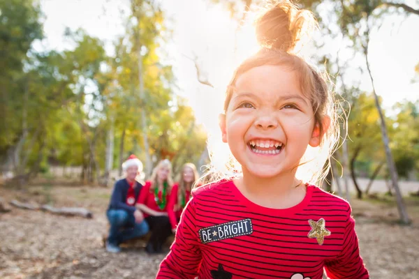 Cute Mixed Race Girl Christmas Portrait Family Outdoors — стоковое фото