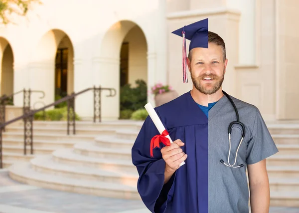 Écran Partagé Homme Caucasien Comme Diplômé Infirmier Sur Campus Hôpital — Photo