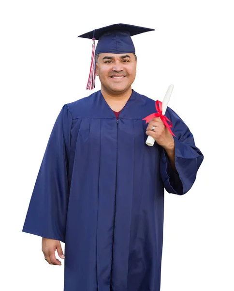 Hispanic Male Deploma Wearing Graduation Cap Gown Isolated — Stock Photo, Image