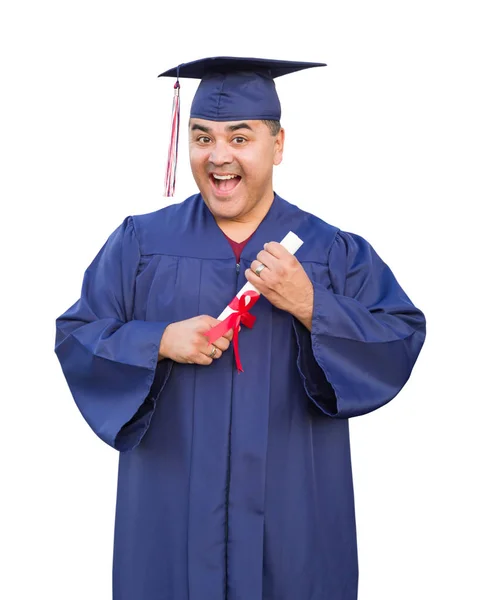 Hispanic Male Deploma Wearing Graduation Cap Gown Isolated — Stock Photo, Image