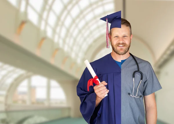 Pantalla Dividida Hombre Caucásico Como Graduado Enfermera Campus Hospital — Foto de Stock