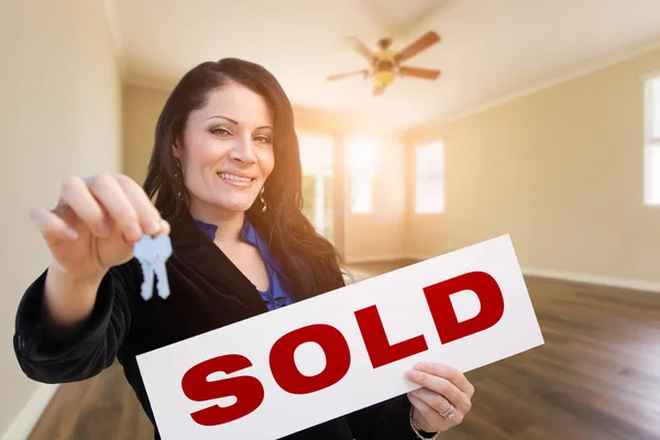 Hispanic Woman House Keys Sold Real Estate Sign Empty Room Stock Photo