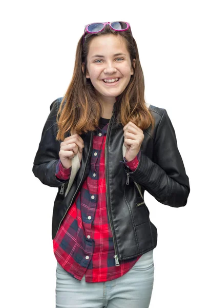 Retrato Estudante Muito Jovem Sexo Feminino Com Mochila Isolada Branco — Fotografia de Stock