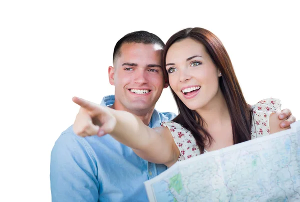 Young Military Couple Looking Map Isolated White — Stock Photo, Image