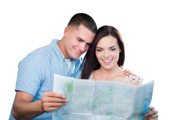 Casal Militar Jovem Olhando Para Mapa Isolado Branco — Fotografia de Stock