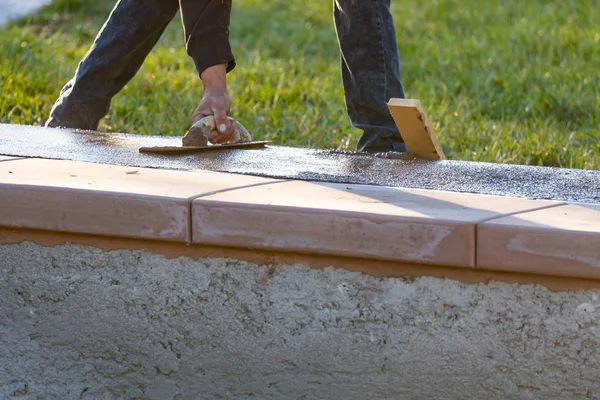 Construction Worker Smoothing Wet Cement With Trowel Tools — Stock Photo, Image