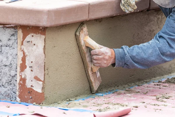 Worker Smoothing Cement with Wooden Float At Construction Site — Stock Photo, Image