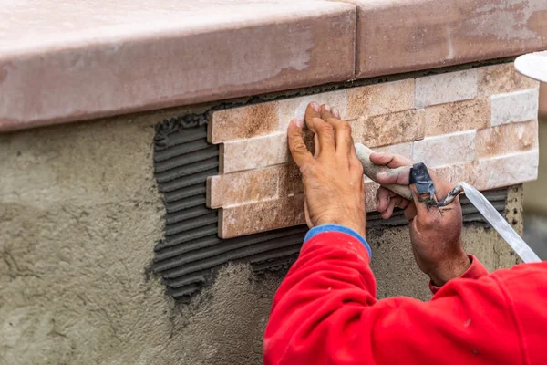 Worker Installing Wall Tile at Construction Site — Stock Photo, Image