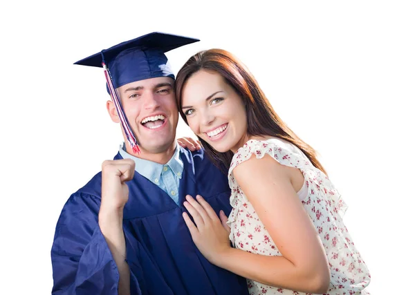 Proud Male Graduate In Cap and Gown with Pretty Girl Isolated on — Stock Photo, Image