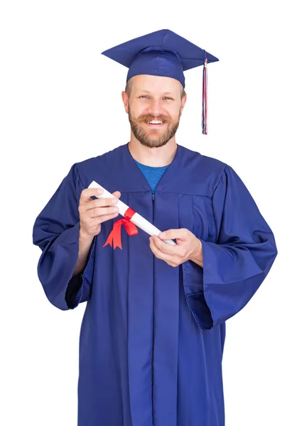 Gelukkig mannelijke afgestudeerde In Cap en jurk met Diploma geïsoleerd op wit — Stockfoto