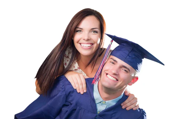Υπερήφανη αρσενική απόφοιτος στην ΚΓΠ και βαλιτσάκι με όμορφο κορίτσι που απομονώνονται σε — Φωτογραφία Αρχείου