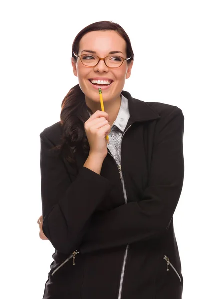 Mixed race zakenvrouw Holding potlood op zoek naar de zijkant geïsoleerd op een witte achtergrond — Stockfoto