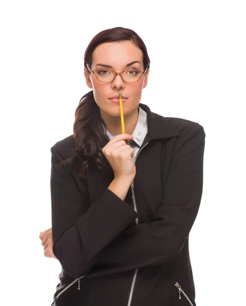 Serious Mixed Race Businesswoman Holding A Pencil Isolated on a White Background. — Stock Photo, Image