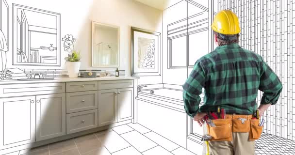 Looping Cinemagraph Contractor Hard Hat Facing Drawing Bathroom Design Transitioning — Stock Video