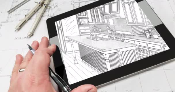 Looping Cinemagraph Der Hand Auf Computer Tablet Mit Küche Zeichnung — Stockvideo