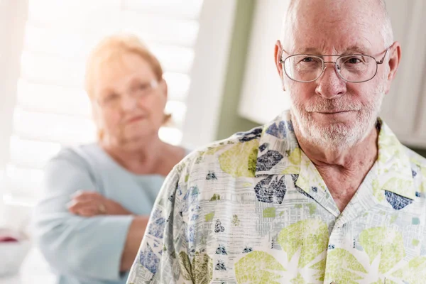 Senior Adult Couple in Dispute or Consoling in Kitchen of House — Stock Photo, Image