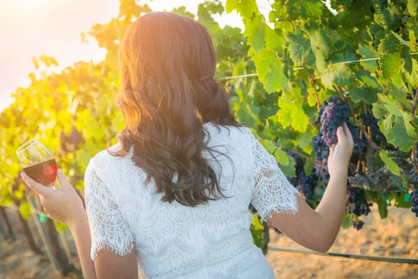 Junge erwachsene Frau genießt ein Glas Wein bei einem Spaziergang im Weinberg — Stockfoto