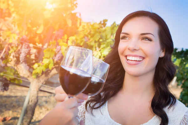 Mulher adulta nova bonita que gosta do copo do vinho que prova o brinde na vinha com amigos — Fotografia de Stock