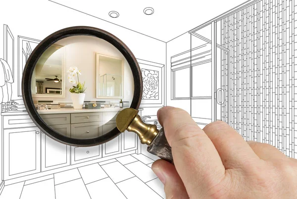 Hand Holding Magnifying Glass Revealing Custom Bathroom Design Drawing and Photo Combination — Stock Photo, Image