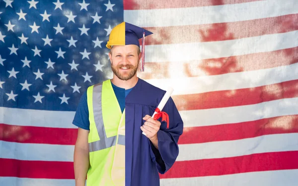 Delad skärm hane examen i mössa och klänning till ingenjör i hård hatt framför amerikanska flaggan. — Stockfoto