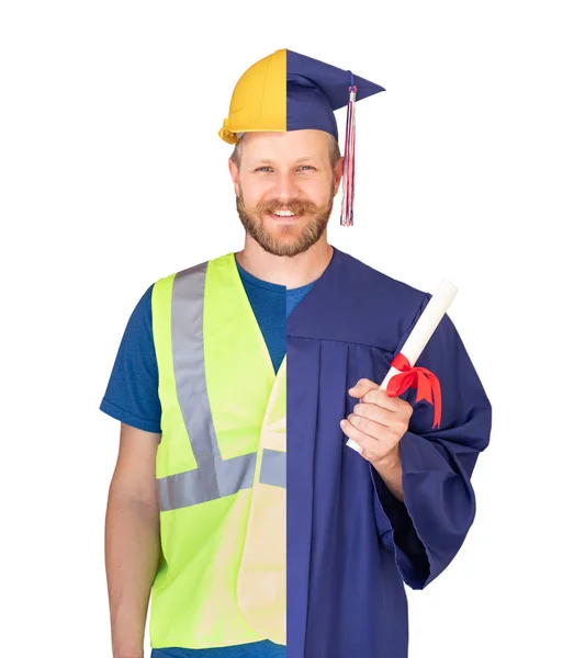 分割屏幕 男性 毕业生 在 帽子 和 长袍 工程师 在 安全帽 概念. — 图库照片