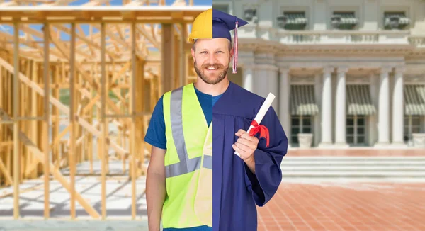 Split Screen Erkek Mezun Cap ve Elbise Hard Hat Kavramı Mühendisi için. — Stok fotoğraf