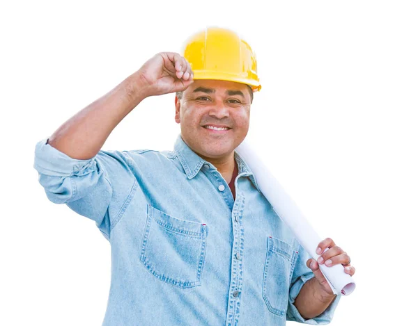 Hispanic Male Contractor In Hard Hat with Blueprint Plans Isolated on a White Background. — Stock Photo, Image