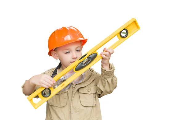 Cute Young Boy Dressed As Contractor Holding Level — Stock Photo, Image