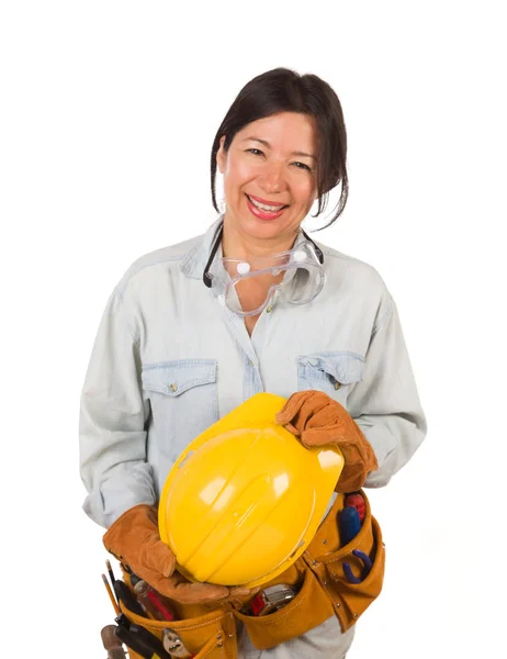 Hispanische Bauunternehmerin mit Brille, Hut und Brille isoliert auf weißem Hintergrund. — Stockfoto