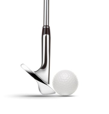 Beyaz Arka Plan Krom Golf Club Kama Demir ve Golf Topu