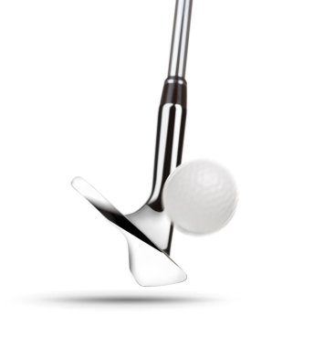 Beyaz Arka Plan Üzerinde Krom Golf Club Kama Demir Isabet Golf Topu