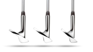 Beyaz Arka Plan Üzerinde Yüzleriçeşitli Loft Açıları gösteren Golf Club Kama Demirler Toes
