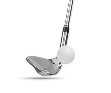 Beyaz Arka Plan Üzerinde Krom Golf Club Kama Demir Isabet Golf Topu
