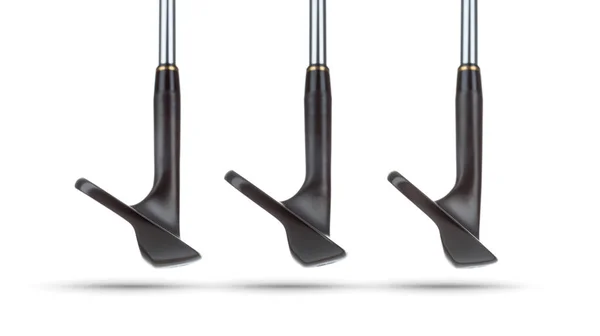 Toes of Black Golf Club Wedge Irons Mostrando varios ángulos altos de caras sobre fondo blanco —  Fotos de Stock