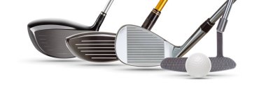Golf Driver Woods, Demir Kama, Putter ve Top Beyaz Arka Plan üzerinde