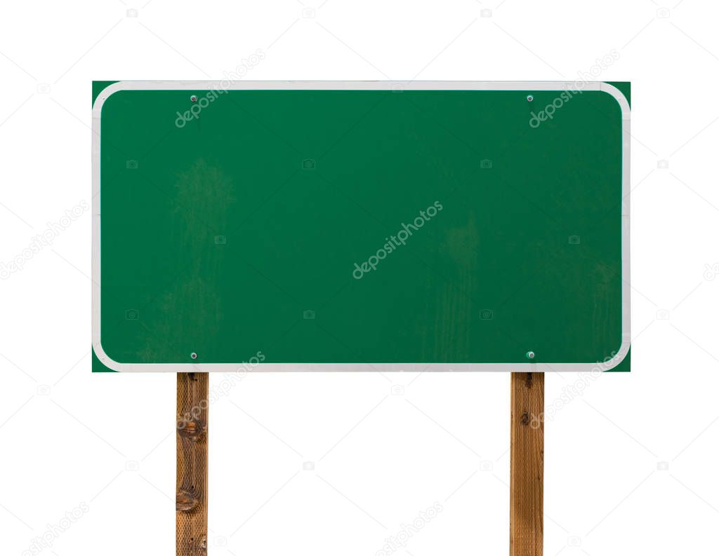 Blank Green Road Sign with Wooden Posts Isolated on a White Background