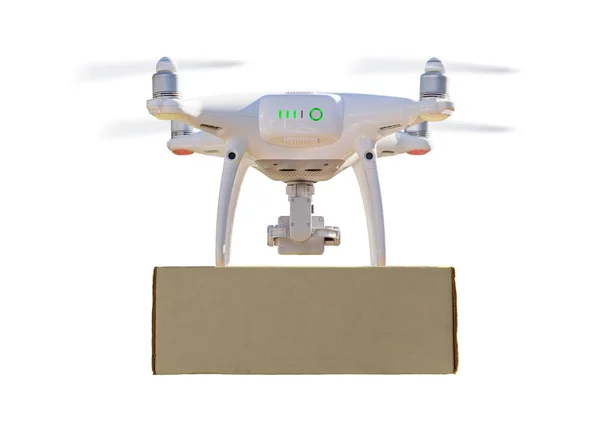 Vista trasera del Quadcopter Drone del sistema de aeronaves no tripuladas (UAS) que lleva el paquete en blanco en blanco —  Fotos de Stock