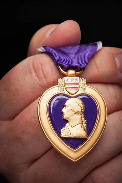 Manlig hand som håller krigsmakten lila hjärta medalj — Stockfoto