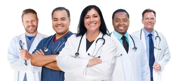 Group of Mixed Race Female and Male Doctors Isolated on White — Stock Photo, Image