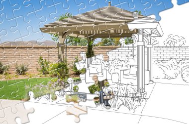 Puzzle Parçaları Fitting Together Çizim Üzerinde Bitmiş Pergola Gazebo Yapı açığa