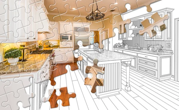 Pedaços de quebra-cabeça montagem juntos revelando cozinha acabada construir sobre desenho — Fotografia de Stock
