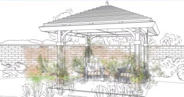 4k Custom Pergola Drawing Transitioning With Brush Strokes to Photograph.