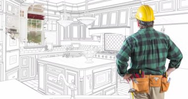 4k Contractor Facing Custom Kitchen Drawing Transitioning to Photograph With Brush Strokes.