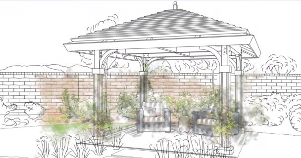 Custom Pergola Drawing Transitioning Brush Strokes Photograph — Stock video