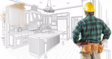 4k Contractor Facing Custom Kitchen Drawing Transitioning to Photograph With Brush Strokes.
